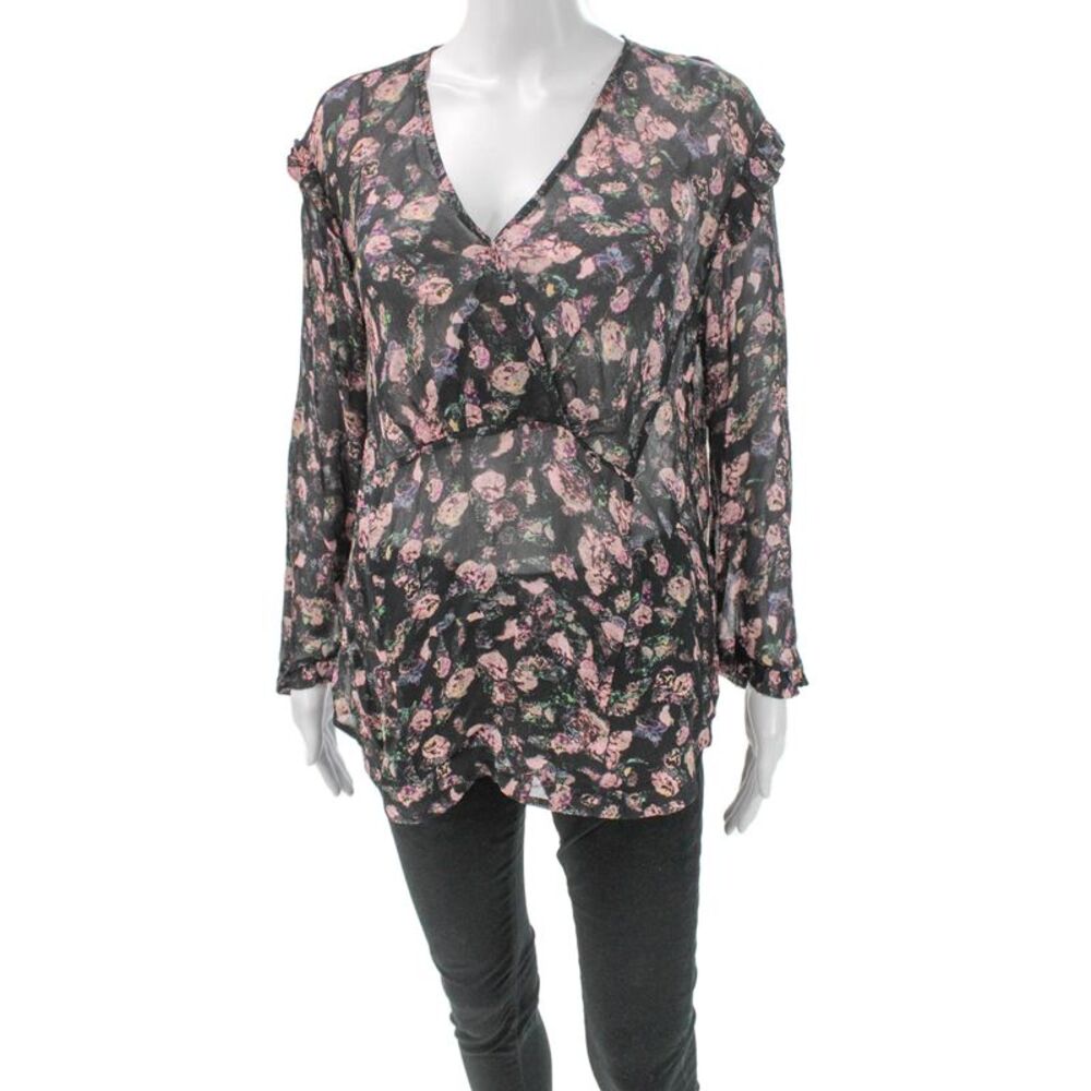 IRO Womens Basic Silk V-Neck Floral Long Sleeve Blouse Black Size 38